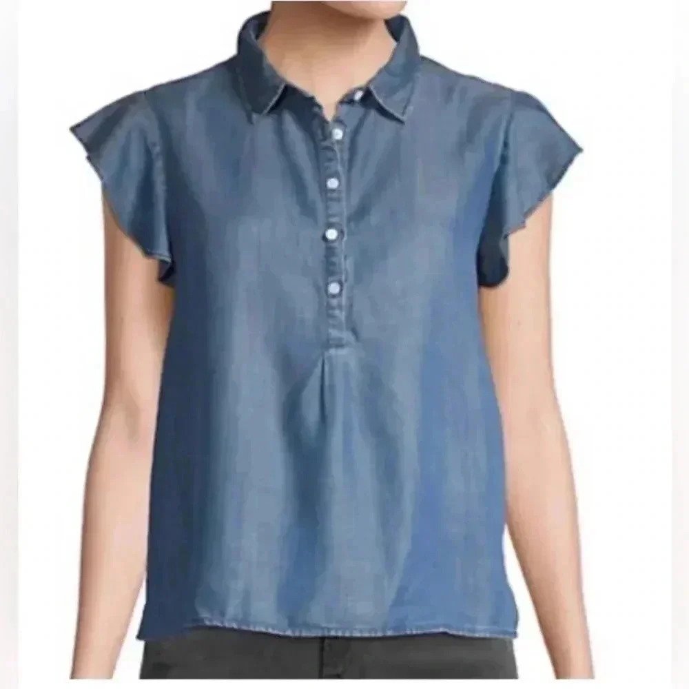 NEW Woman FRAME Blue Tencel Denim Popover S/s Ruffle Shirt Top Sz Small NWOT